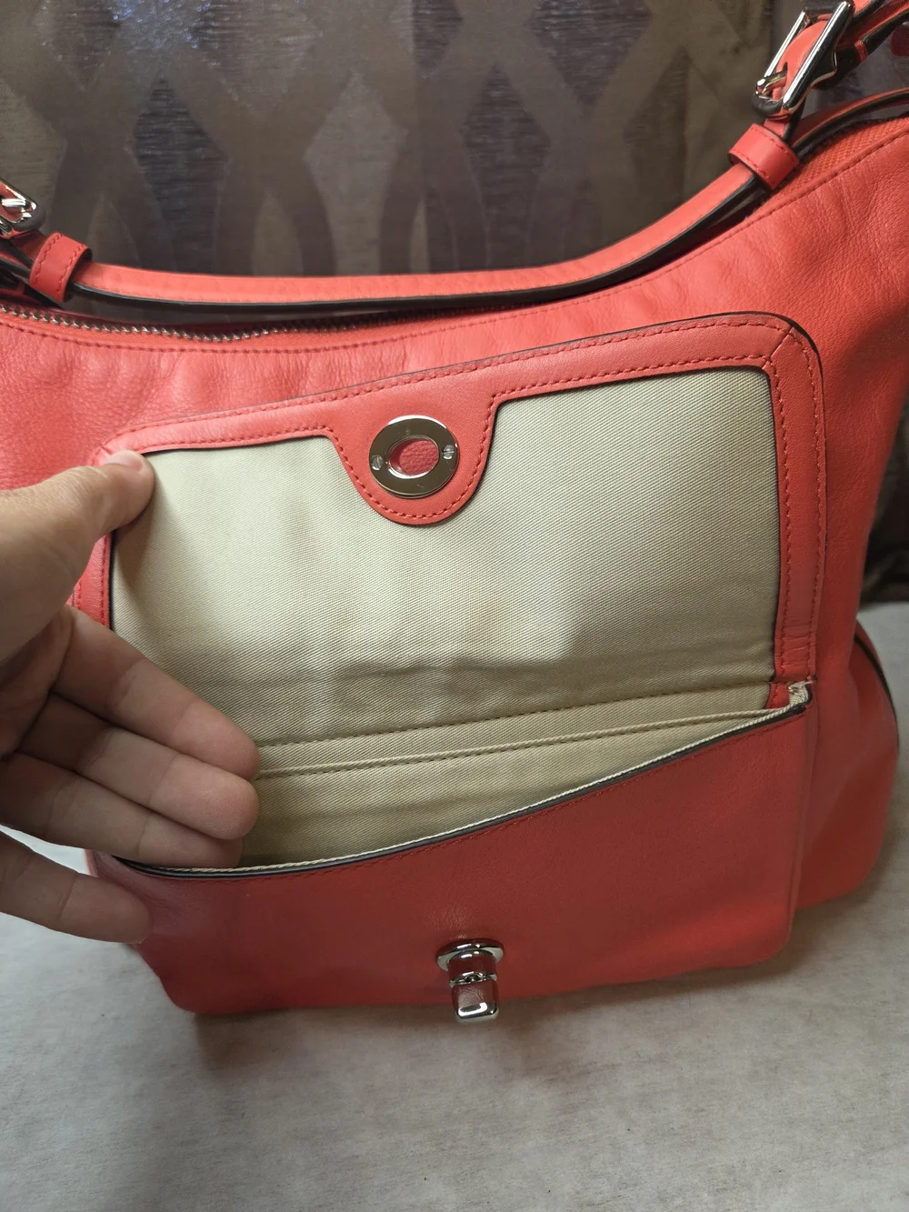 Coach Leather Shoulder Bag with Front Turnlock Pocket-Coral Color 2012